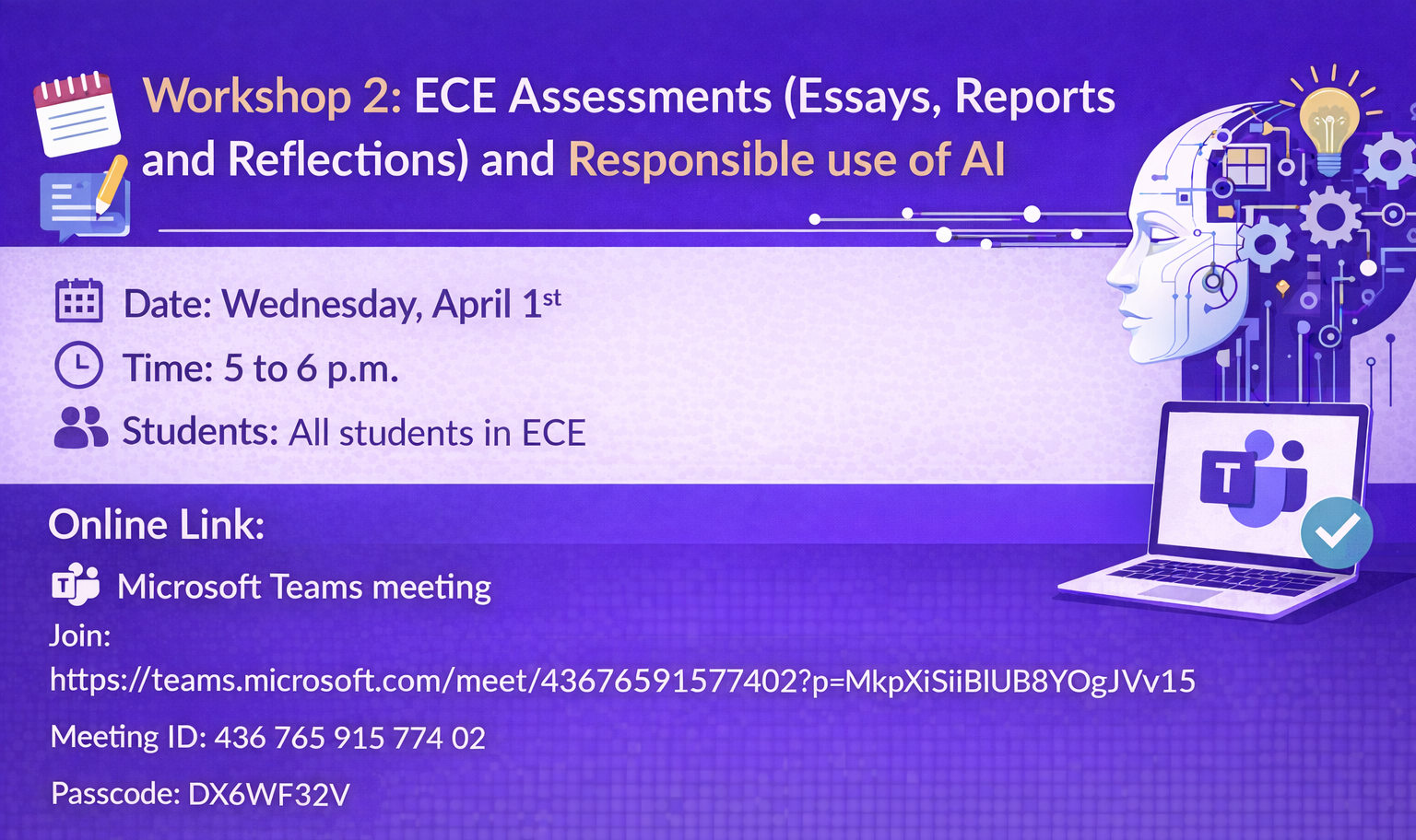 Workshop banner for ECE students on April 1, 5-6pm