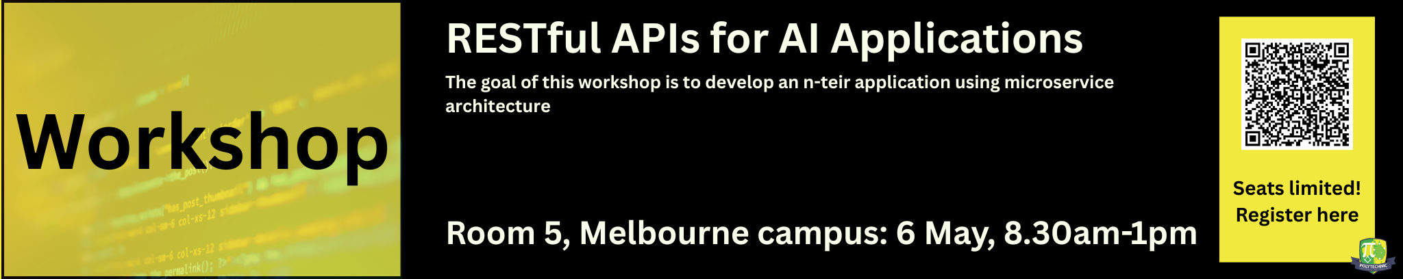 Black banner with yellow images and QR code, information about ICT workshop