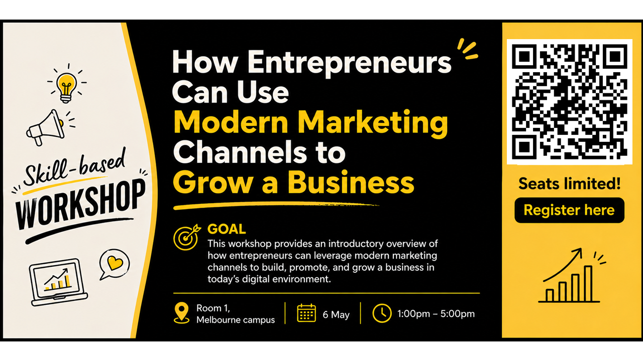 Yellow and black poster with icons and text with information about a workshop