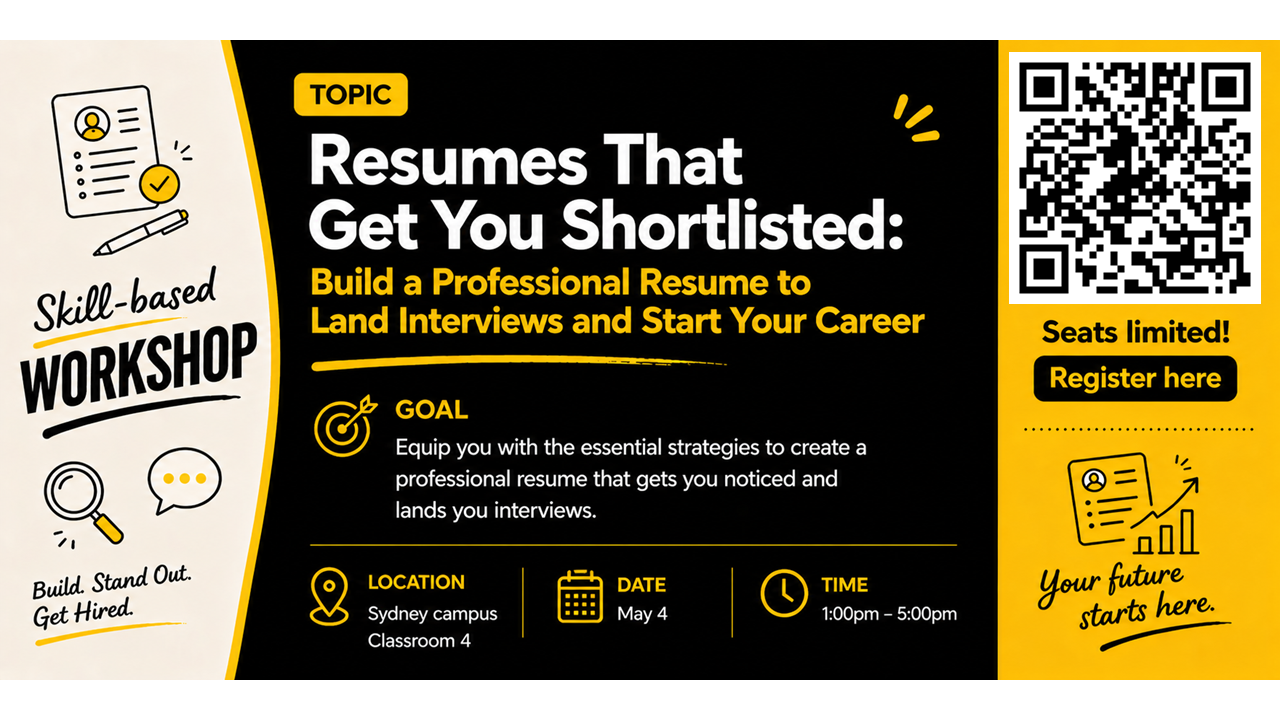 Yellow and black banner with text and icons with information about the workshop